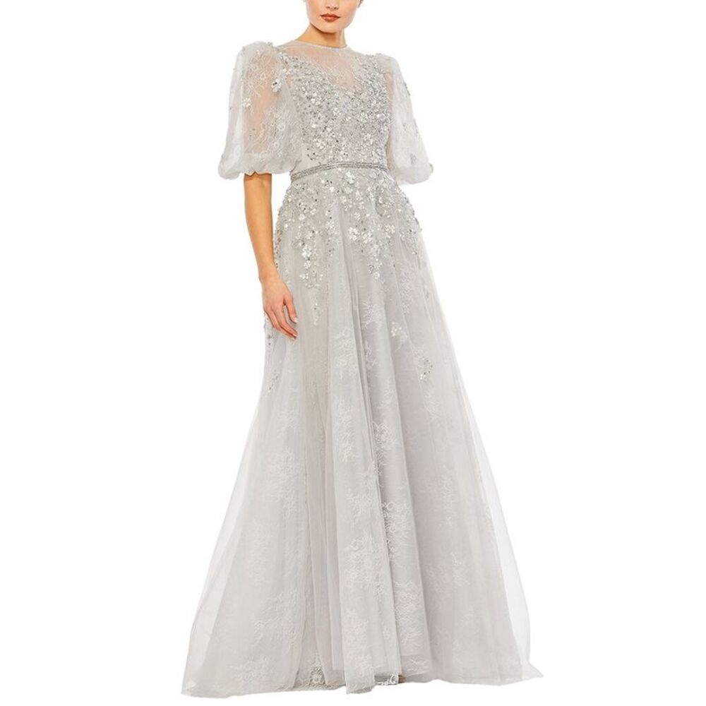 Mac Duggal Womens  Embellished Puff Sleeve A-Line Gown